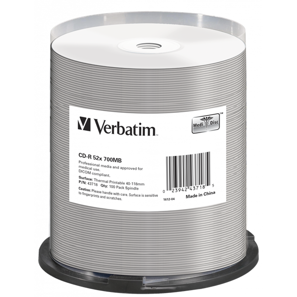 VERBATIM 43718 CD-R 700MB/52x/hő nyomtatható felület/egyszer írható CD 100db/csomag
