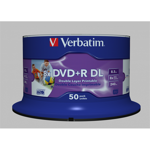 VERBATIM 43703 DVD+R 8,5GB/kétrétegű/8x/nyomtatható felület/egyszer írható DVD 50db/csomag