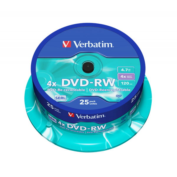 VERBATIM 43639 DVD-RW 4,7GB/4x/matt ezüst írható felület/újraírható DVD 25db/csomag