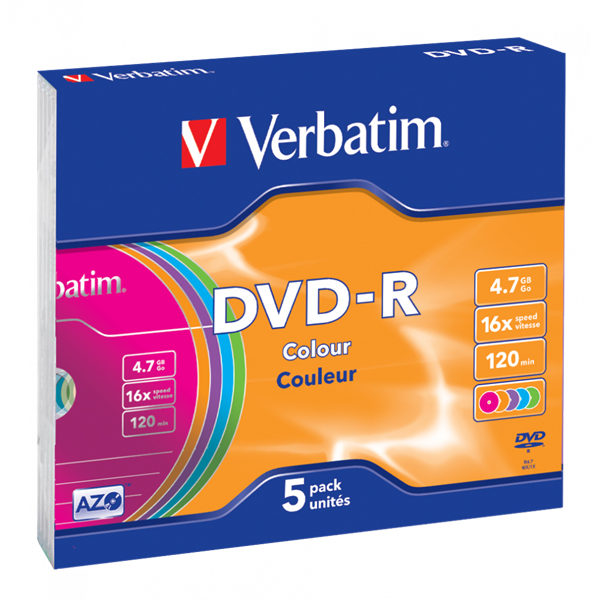 VERBATIM 43557 DVD-R 4,7GB/16x/színes írható felület/egyszer írható DVD 5db/csomag