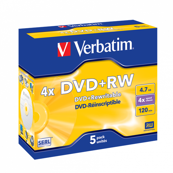 VERBATIM 43229 DVD+RW 4,7GB/4x/matt ezüst írható felület/újraírható DVD 5db/csomag