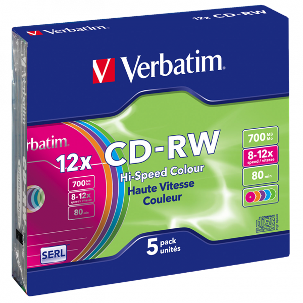 VERBATIM 43167 CD-RW 700MB/12x/színes írható felület/újraírható slim CD 5db/csomag