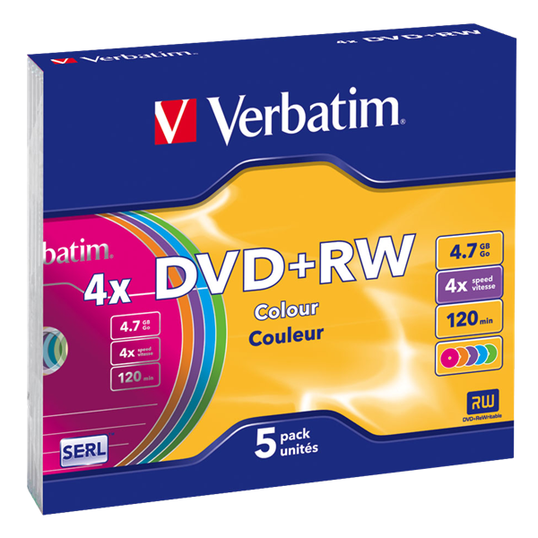 VERBATIM 43297 DVD+RW 4,7GB/4x/színes írható felület/újraírható DVD 5db/csomag