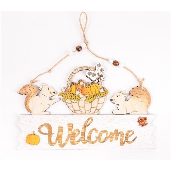 IRIS fa kopogtató "welcome" felirat, 2 mókus, kosárban tökök 22 x 14cm