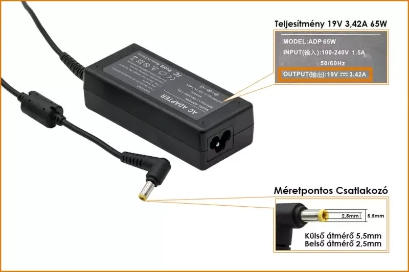 Asus 19V 3,42A 65W 4mm/1,35mm utángy. NB töltő