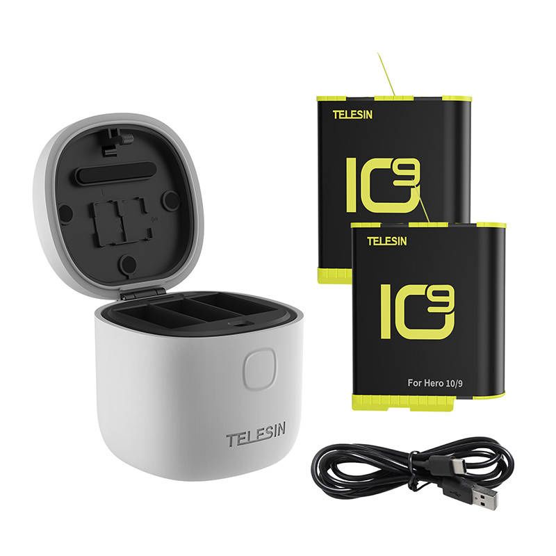 Allin doboz Telesin vízálló háromcsatornás töltő + 2 akkumulátor GoPro Hero 12 / Hero 11 / Hero 10 / Hero 9 kamerákhoz (GP-BTR-905-GY-B)