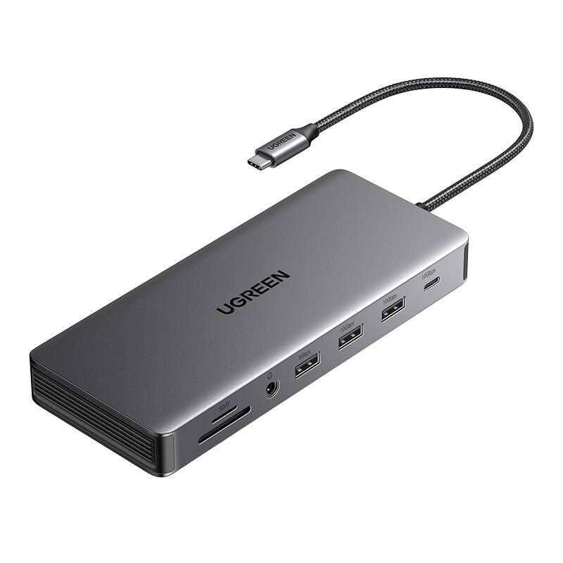 UGREEN CM681 hub, USB-C, 4x USB, 2x HDMI, DisplayPort, RJ45, SD/TF, AUX, PD 100W (szürke)