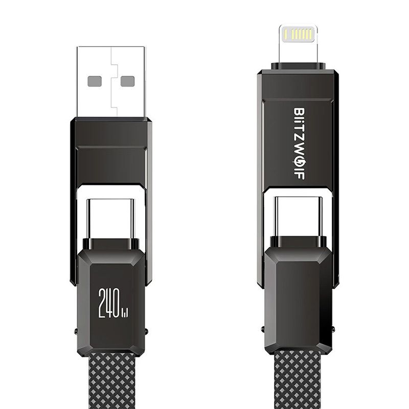 BlitzWolf BW-HDC7 4 az 1-ben USB-C+USB+Lightning kábel, 240W, 1.2m (fekete)