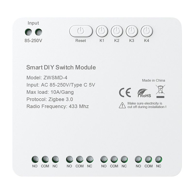 ZigBee 4 csatornás kapcsolómodul feszültségmentes DC 32V-os érintkezővel Avatto ZWSMMD-4-250V