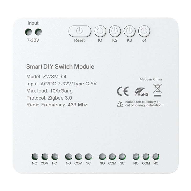 4 csatornás ZigBee kapcsolómodul feszültségmentes DC 32V-os érintkezővel Avatto ZWSMMD-4-32V