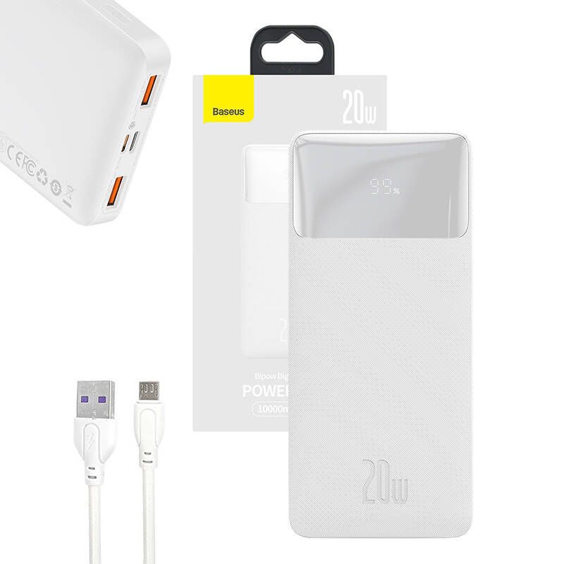 Baseus Bipow 10000mAh 2db USB-A, USB-C, Micro USB 20W (fehér) powerbank