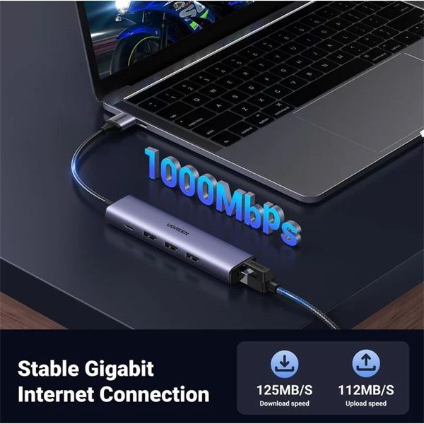 UGREEN USB-A HUB 3xUSB-A 1xUSB-C + 1Gb LANDocking Station Grey 60554