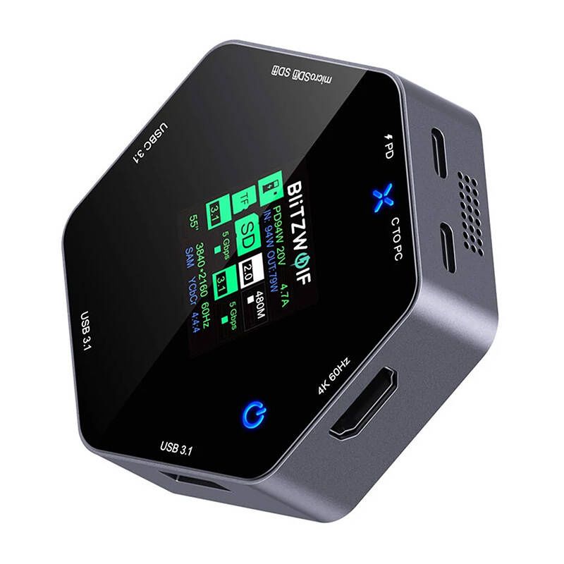 BlitzWolf BW-TH16 8 az 1-ben USB HUB és dokkoló intelligens kijelzővel, 100W, LCD BlitzWolf BW-TH16 8 az 1-ben USB HUB és dokkoló intelligens kijelzővel, 100W, LCD