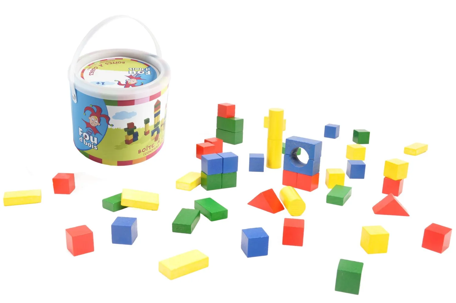 Secchiello di cubi da costruzioni in legno colorati - Confezione da 50 pezzi Secchiello di cubi da costruzioni in legno colorati - Confezione da 50 pezzi