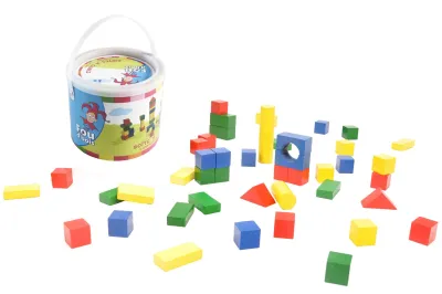 Secchiello di cubi da costruzioni in legno colorati - Confezione da 50 pezzi