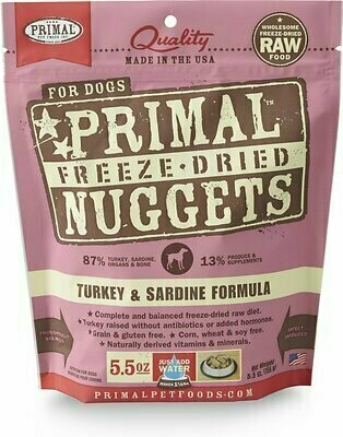 Primal Turkey &amp; Sardine Formula Nuggets Grain-Free Raw Freeze-Dried Dog Food - 5.5 oz. bag