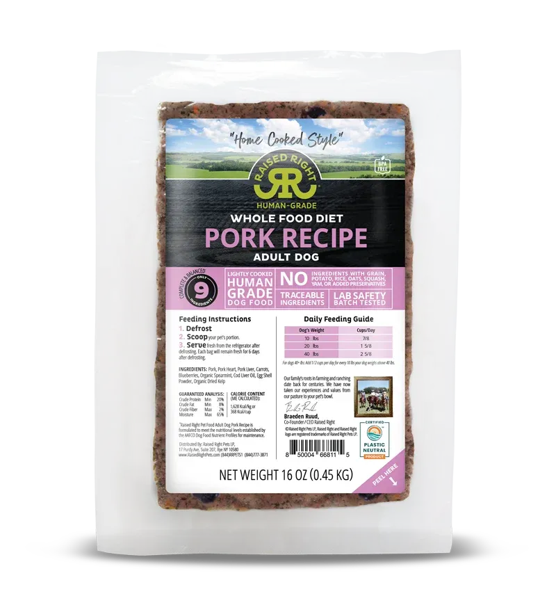 Raised Right Dog Frozen Adult Pork 6lb BULK