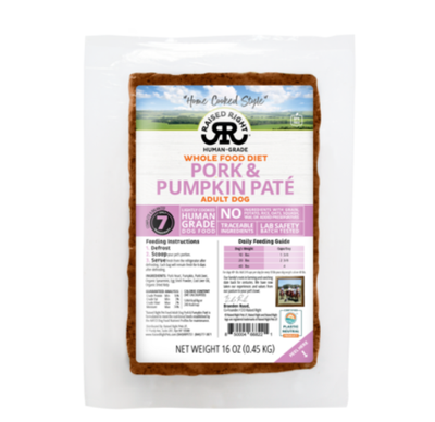 Raised Right Dog Frozen Adult Pork &amp; Pumpkin Pate 16oz