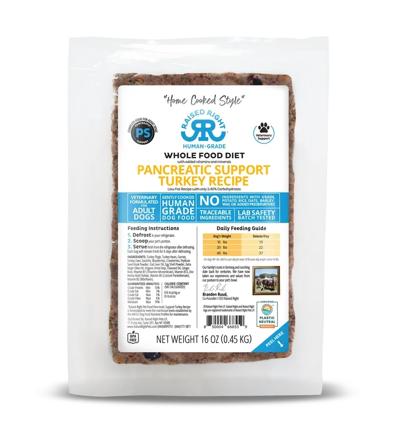 Raised Right Pancreatic Support Turkey Adult Dog Recipe 16oz