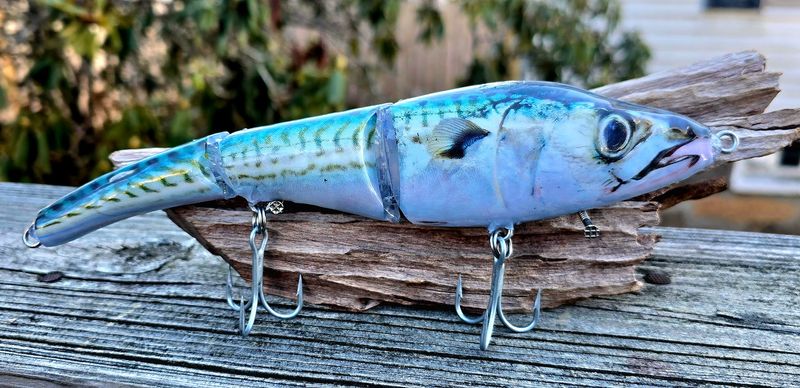 Mackerel Large Jointed Swim Bait, 9 in, 4.5 oz slow sink. Mackerel Large Jointed Swim Bait, 9 in, 4.5 oz slow sink.