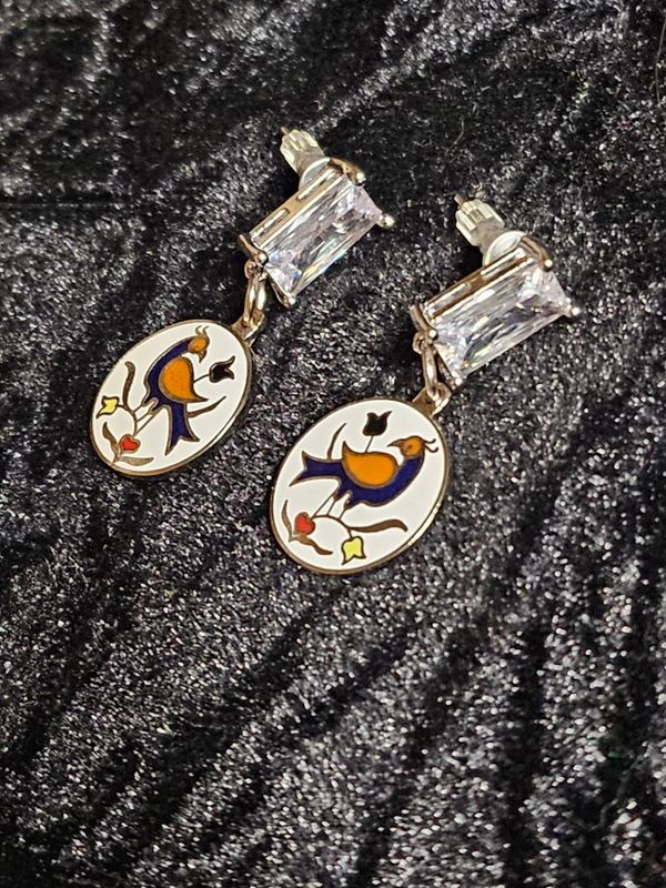 Vintage enamel Distelfink Cubic Zirconia earrings
