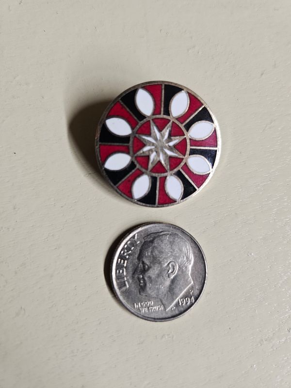 Vintage Goodwill and Abundance enamel hex sign pin