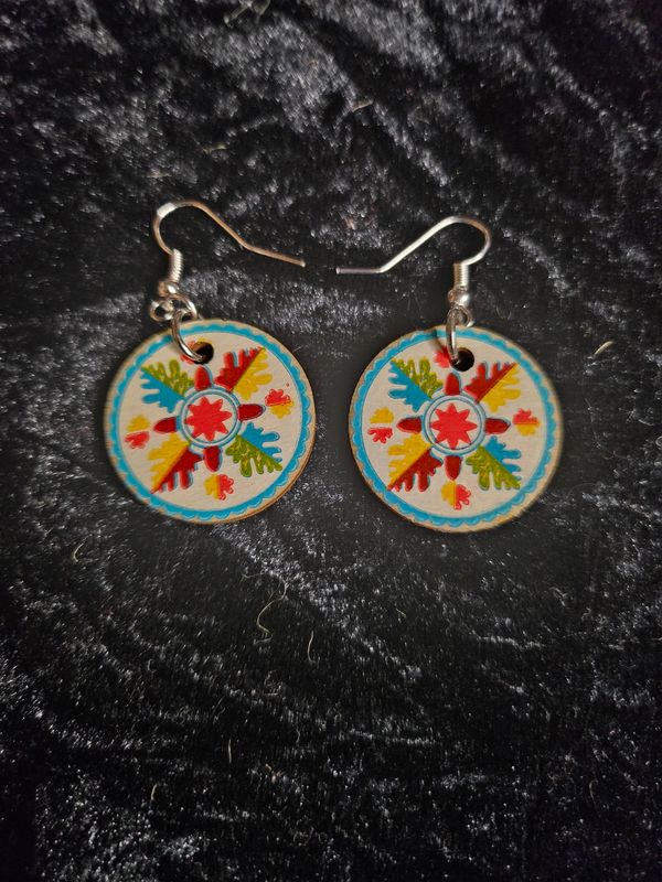 Handmade wooden oak hex sign earrings