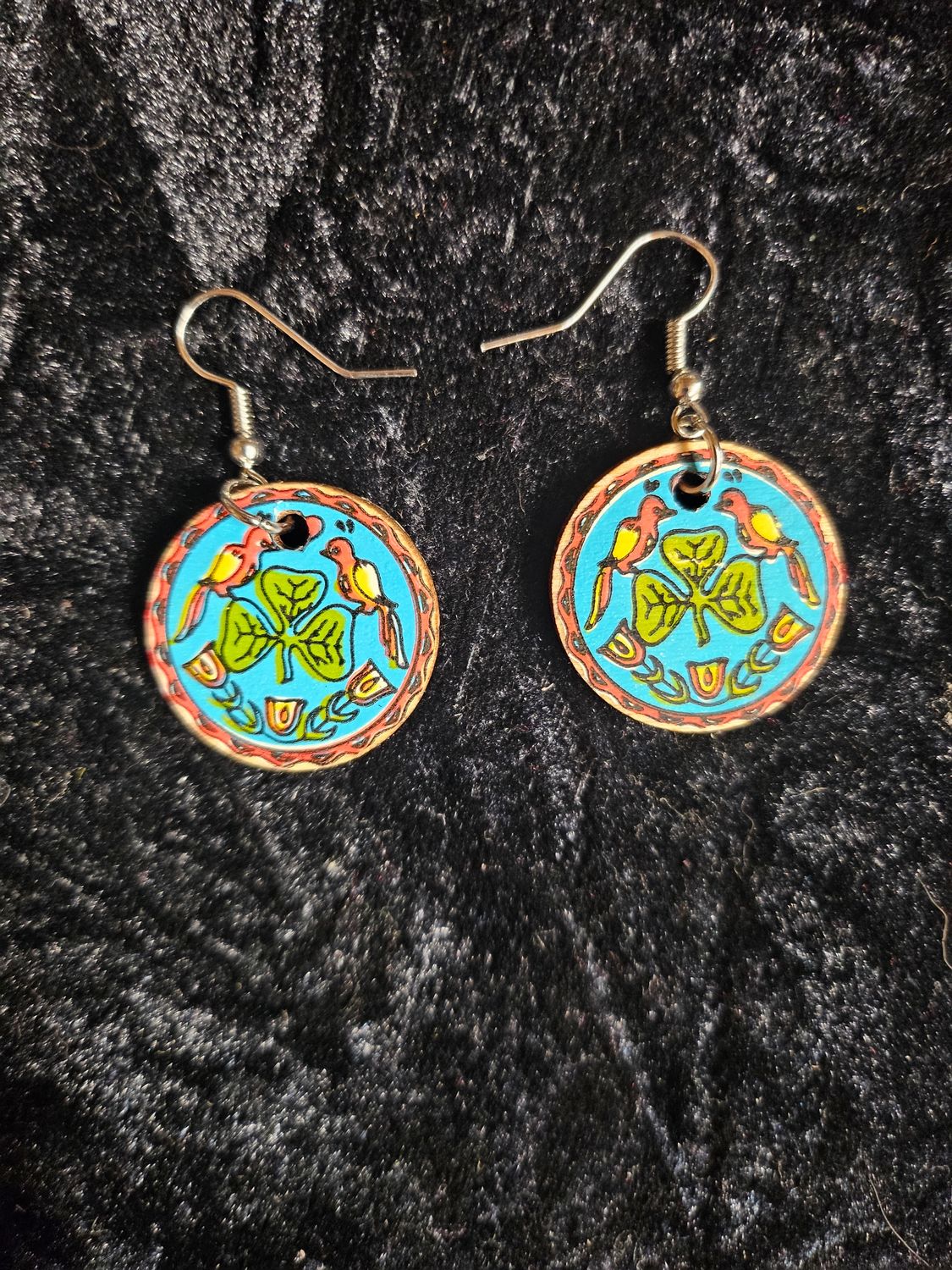Handmade wooden Irish hex sign earrings