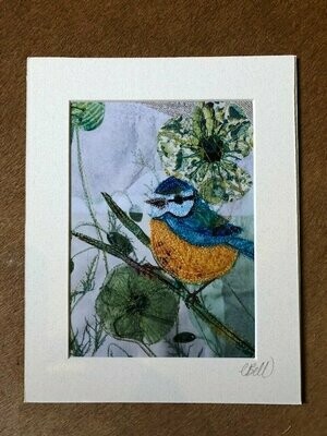 Embroidered BLUE TIT on green poppies print with mount