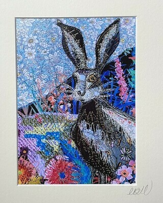 Embroidered HARE with summer flowers print with mount