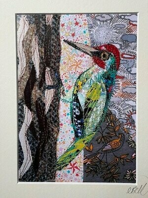 Embroidered GREEN WOOD PECKER print with mount
