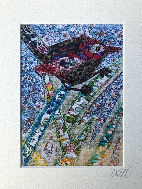 Embroidered WREN on grass print with mount