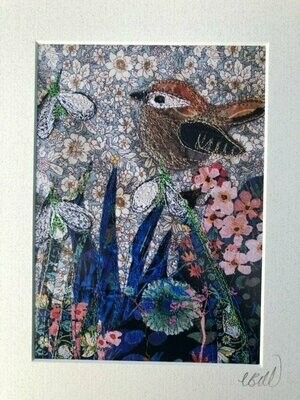 Embroidered WREN on snowdrops print with mount