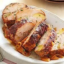 Pork Loin Roast with Caramelized Onions and White Wine–Dijon Sauce atop Rice Pilaf [.4 lb.]