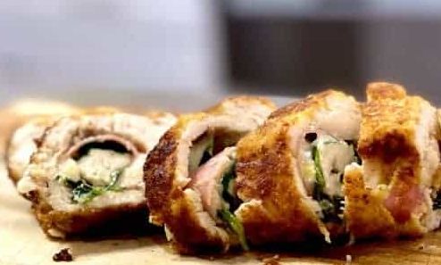 chicken roulade with prosciutto, spinach, and fresh mozzarella