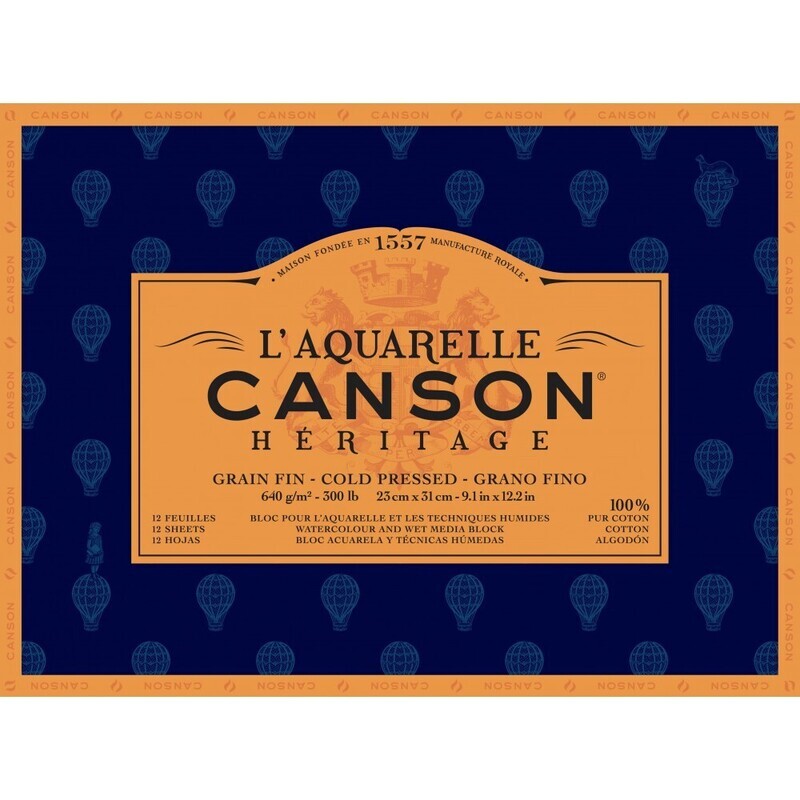 CANSON ® HÉRITAGE AQUARELLE 640 GSM COLD PRESSED BLOCKS GLUED 4 SIDES 12 SHEETS 100% COTTON PAPER