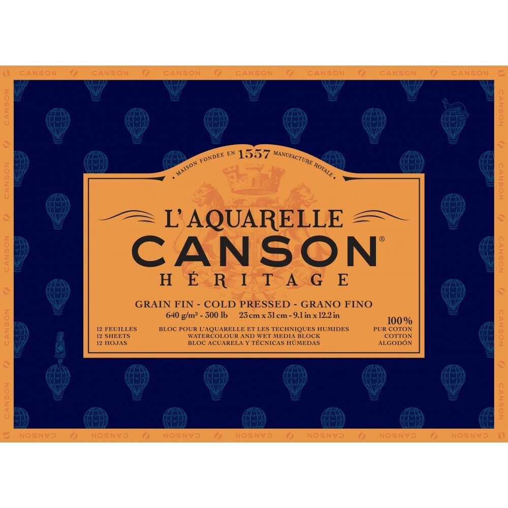 CANSON ® HÉRITAGE AQUARELLE 640 GSM COLD PRESSED BLOCKS GLUED 4 SIDES 12 SHEETS 100% COTTON PAPER, Size: Block 23*31