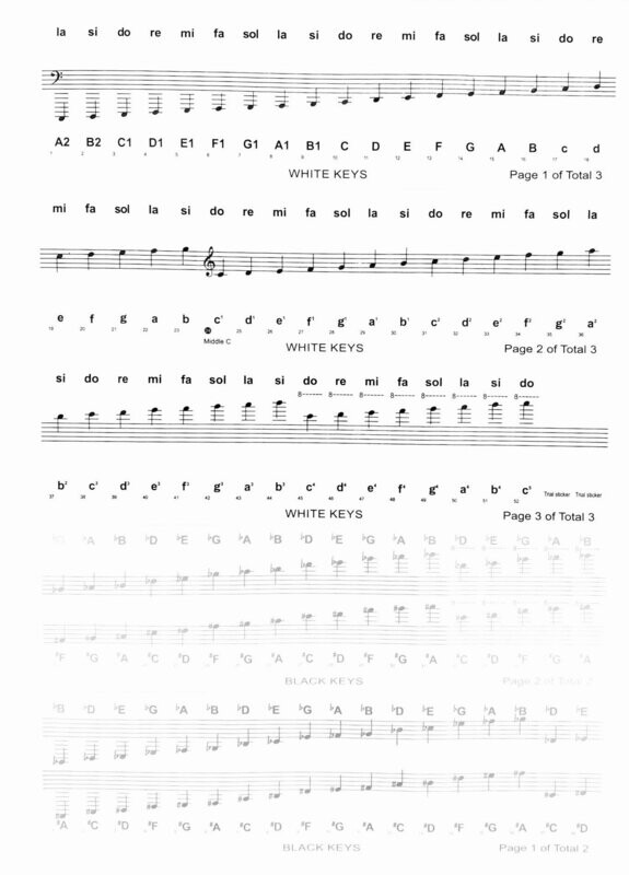 Do-Re-Mi stickers voor beginners op piano toetsen