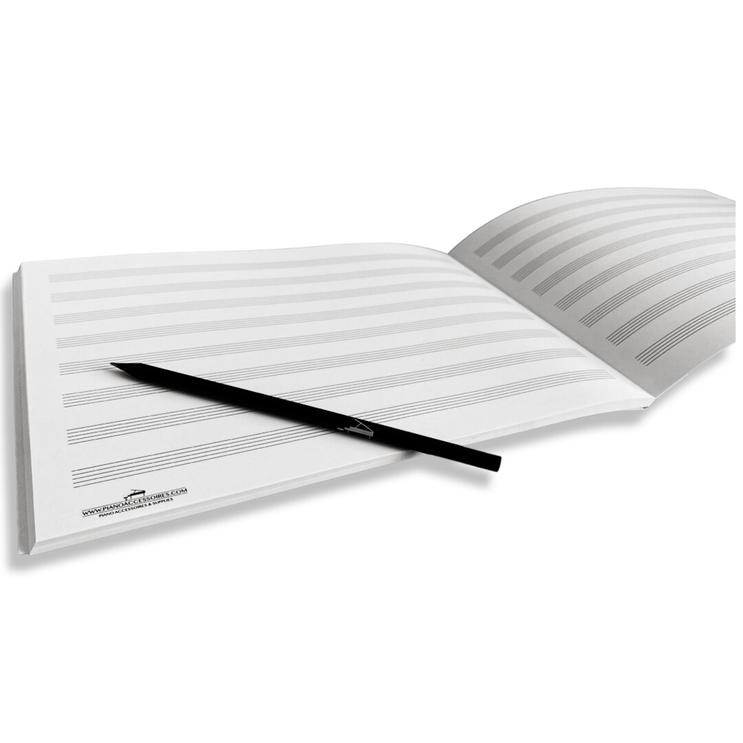 < Notenboek 100 tweezijdige pagina's met 8- notenbalken in A4 formaat>