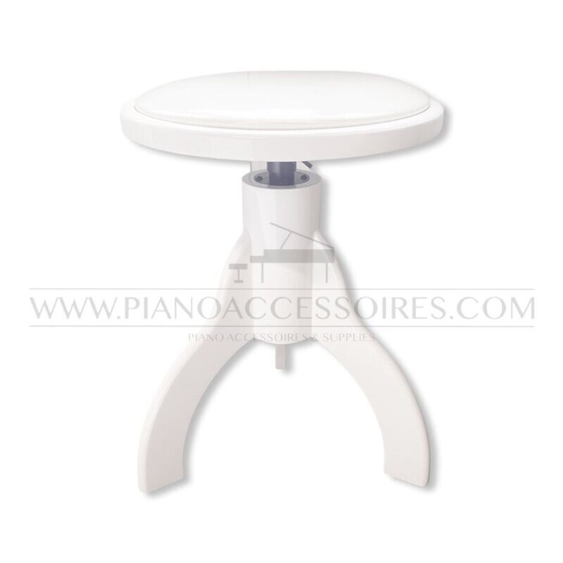 < De piano kruk Trio wit hoogglans van pianoaccessoires.com heeft drie poten en biedt stabiliteit en comfort.>