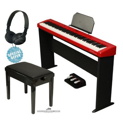 Digitale piano GPPD Home Stage C8 rood met verstelbare pianobank en hoofdtelefoon – compleet pakket voor thuis en podium