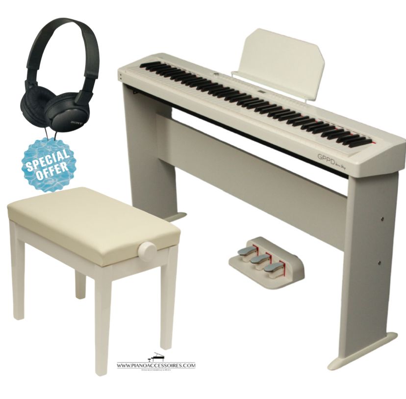 Digitale piano GPPD Home Stage C8 wit met verstelbare pianobank en hoofdtelefoon – compleet pakket voor thuis en podium
