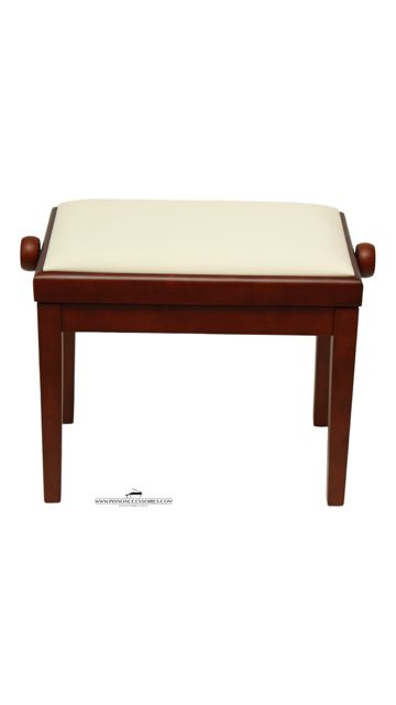 Verstelbare pianobank Model 3 van eigen merk GPPD, walnoothout en witte skai-zitting