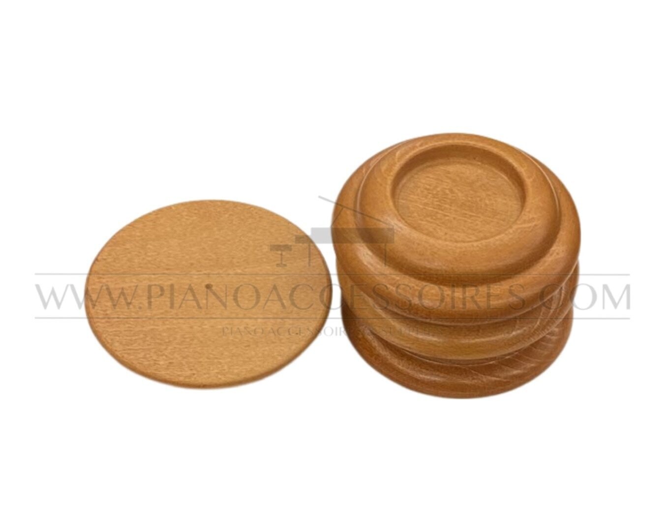 Pianoonderzetters – Hout (4 Stuks, Ø 50 mm Binnendiameter) Natuurlijke houten pianoonderzetters voor stabiele plaatsing en bescherming van de vloer.