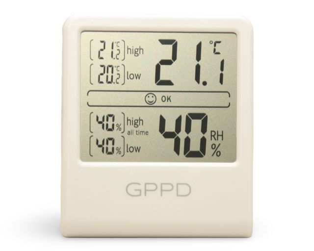 GPPD digitale hygrometer wit met LCD-display voor temperatuur- en luchtvochtigheidsmeting, afmeting 9 × 8 × 1,5 cm.