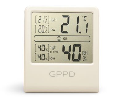 GPPD digitales Hygrometer weiß GPPD digitales Hygrometer weiß zur Messung von Temperatur und Luftfeuchtigkeit mit 40 bis 60 Prozent Bereich