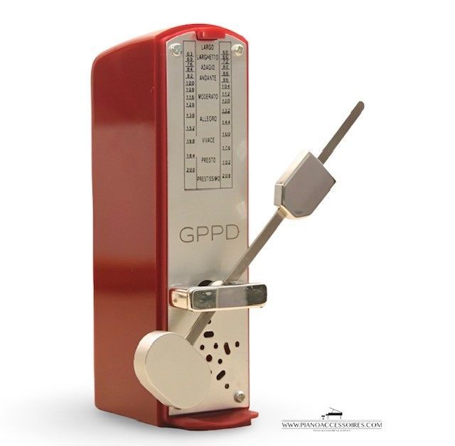 Super compacte GPPD metronoom (11x5x3 cm), makkelijk mee te nemen en verkrijgbaar in rood hoogglans
