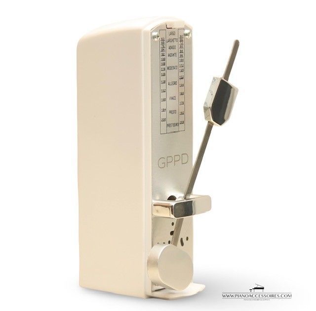 Metronoom GPPD wit hoogglans GPPD metronoom, 11 cm hoog, met dubbel gewogen pendulum, ideaal voor muziek studeren.