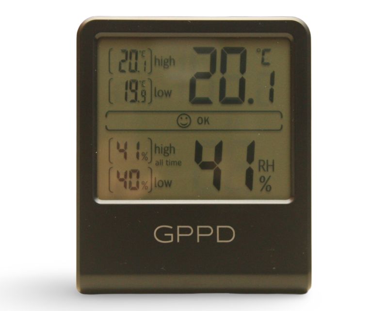 GPPD digitale hygrometer zwart met LCD-display voor het meten van temperatuur en luchtvochtigheid binnenshuis.