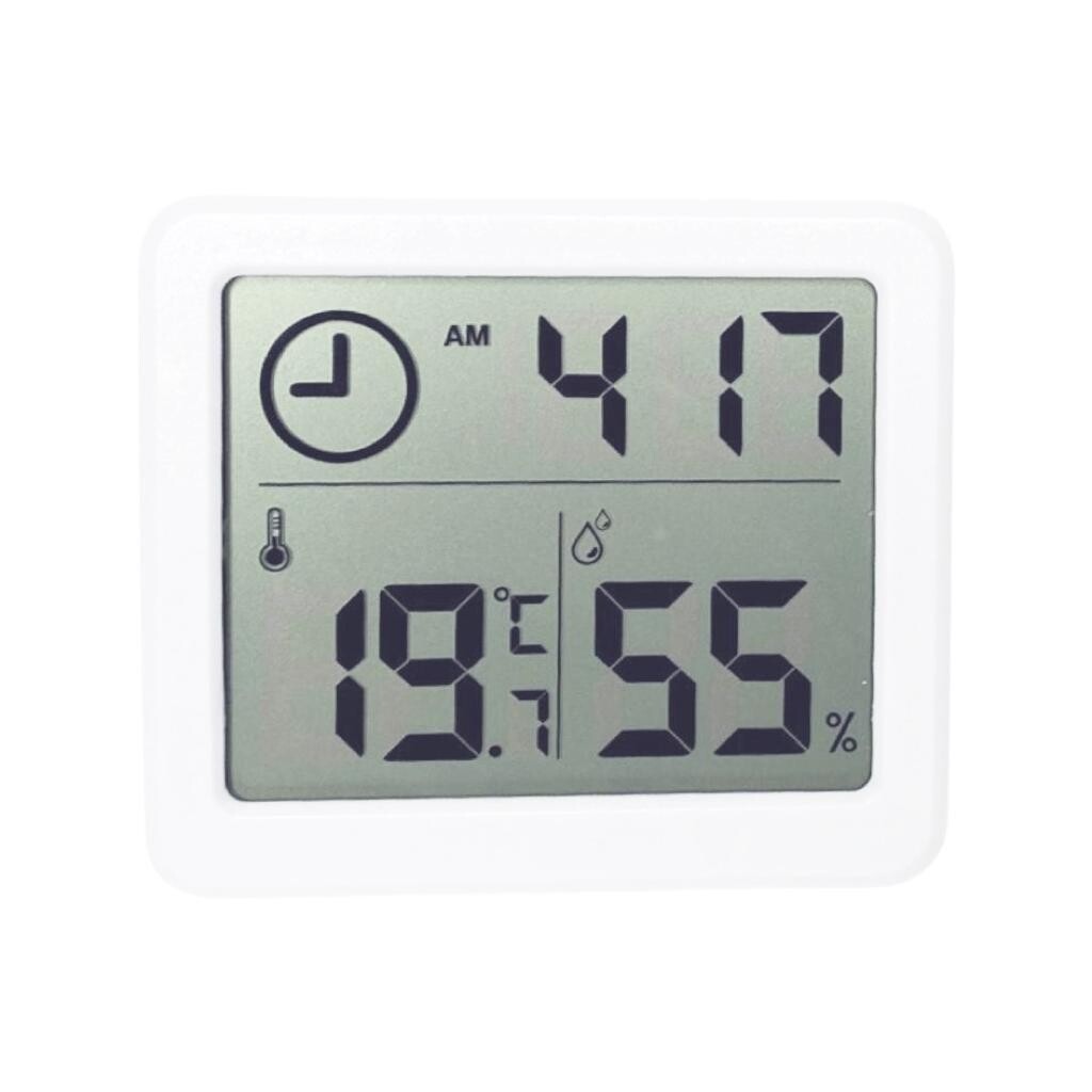 Digitale Hygrometer wit Wit digitaal hygrometer voor het meten van luchtvochtigheid en temperatuur.